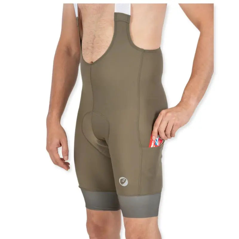Apace men's cycling endurance bib shorts in moss green, with padded chamois and fitted straps for comfortable long-distance riding.