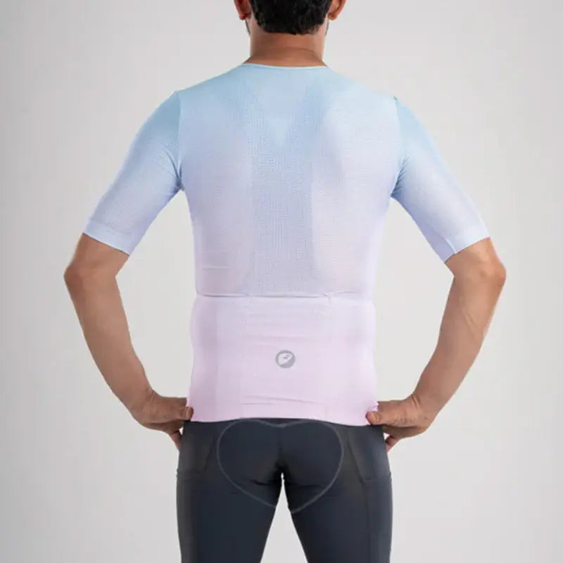 Apace men's cycling race fit jersey in sky blue, lightweight fabric with short sleeves and front zipper for aerodynamic riding.