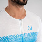 Apace men's cycling race fit jersey in white and blue, featuring a snug fit, short sleeves, and breathable fabric for racing comfort.