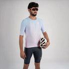 Apace men's cycling race fit jersey in sky blue with short sleeves, breathable fabric, and race fit design for performance.