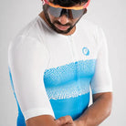 Apace men's cycling race fit jersey in white and blue with breathable fabric and race fit design, perfect for cycling enthusiasts.
