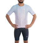 Apace men's cycling race fit jersey in sky blue, featuring lightweight fabric, short sleeves, and a sleek race design.