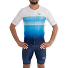 Apace men's cycling race fit jersey in white and blue, close-up view showing lightweight fabric and sleek design.