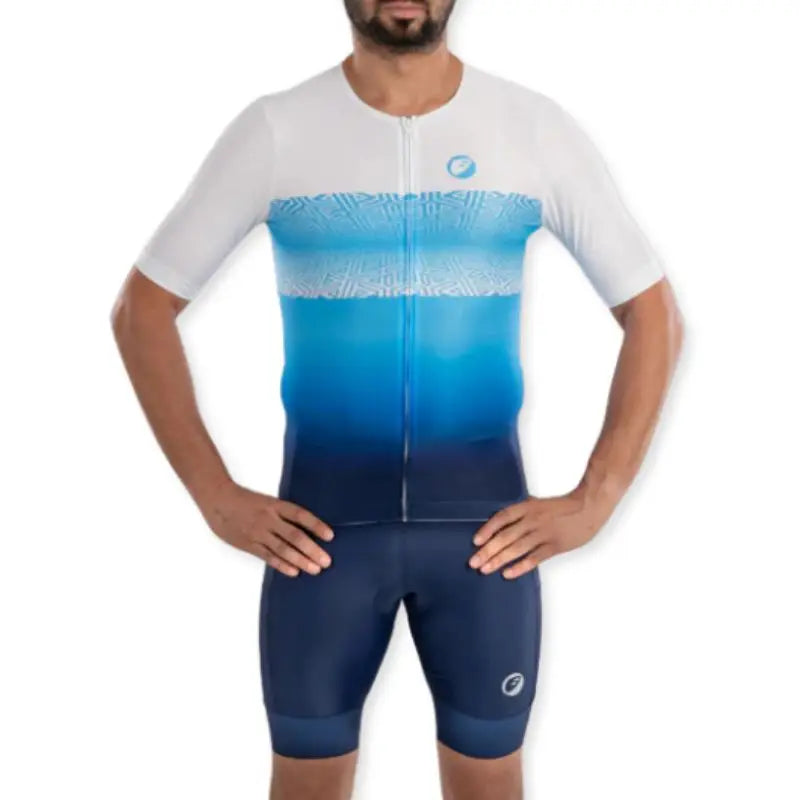 Apace men's cycling race fit jersey in white and blue, close-up view showing lightweight fabric and sleek design.
