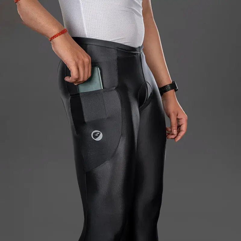 Black Apace men's gel padded cycling full tights, close-up of the sleek cycle shorts designed for comfort and performance.