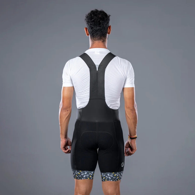 Apace men's premium cycling bib shorts showing black lycra fabric with padded seat and adjustable shoulder straps.
