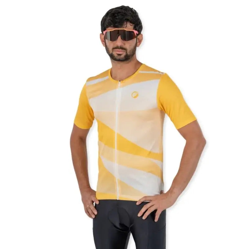 Apace men's relax fit cycling jersey in yellow with short sleeves and zipper front, designed for comfortable riding.