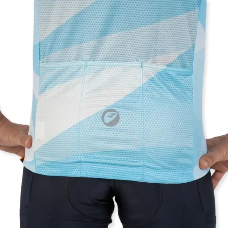 Apace men's relax fit cycling jersey in blue with short sleeves and front zipper, designed for comfortable riding.
