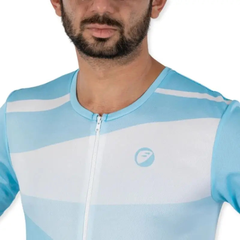 Apace men's relax fit cycling jersey in blue with short sleeves, breathable fabric, and front zipper for comfort and style.