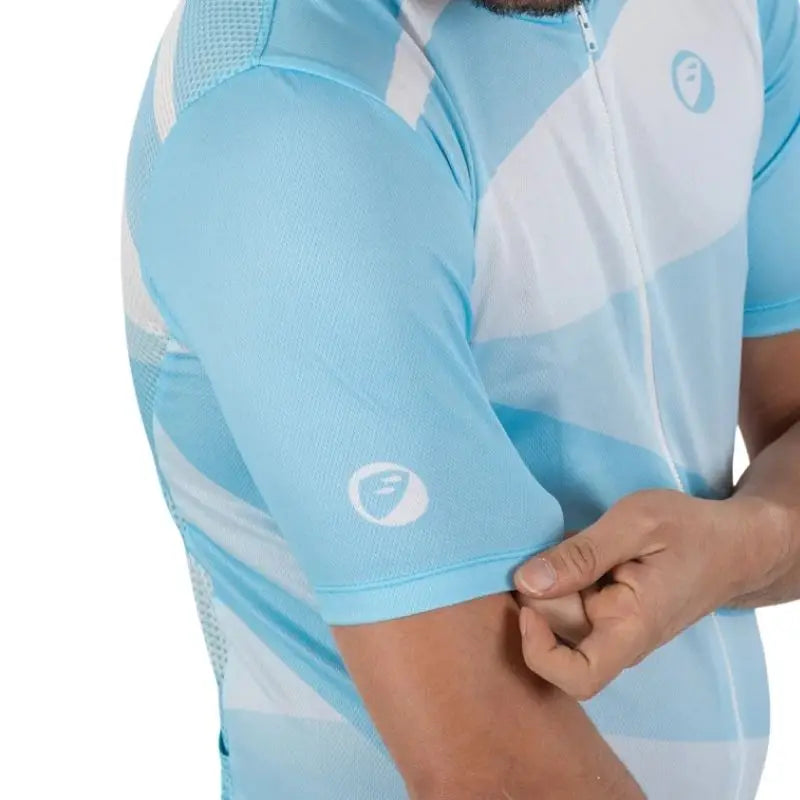 Apace men's relaxed fit cycling jersey in blue with short sleeves and breathable fabric, featuring a front zipper and logo.