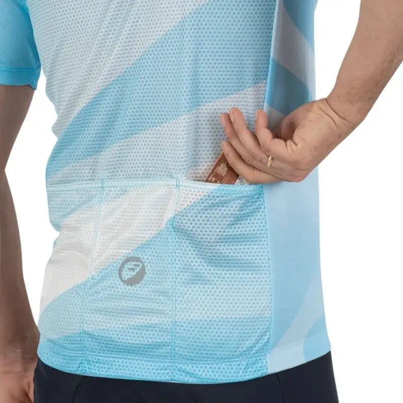 Apace men's relaxed fit cycling jersey in blue with short sleeves and front zipper, designed for comfortable riding.