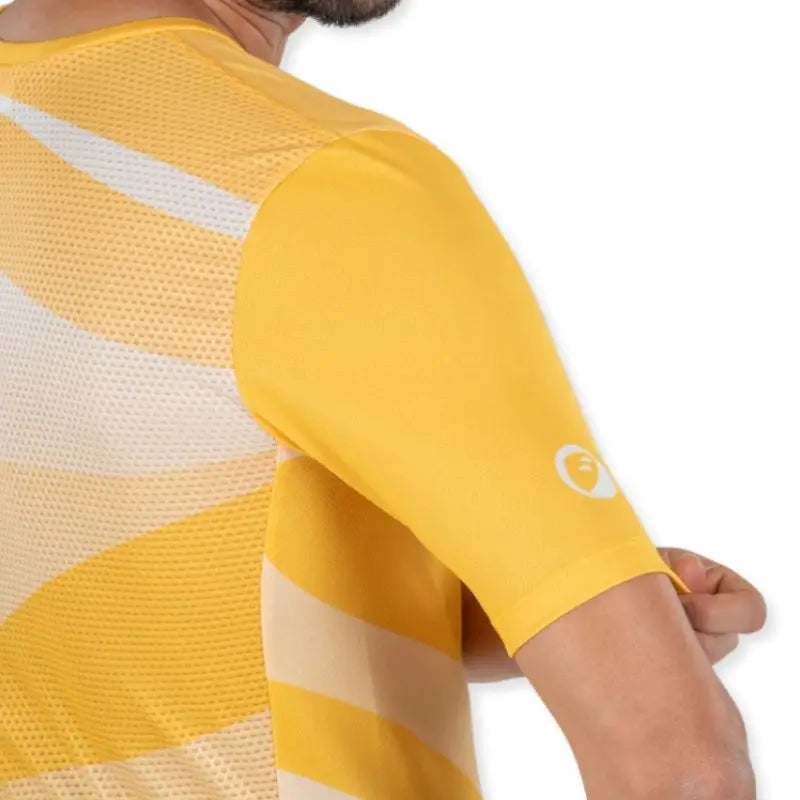 Apace men's relaxed fit cycling jersey in bright yellow with short sleeves and breathable fabric, displayed flat.