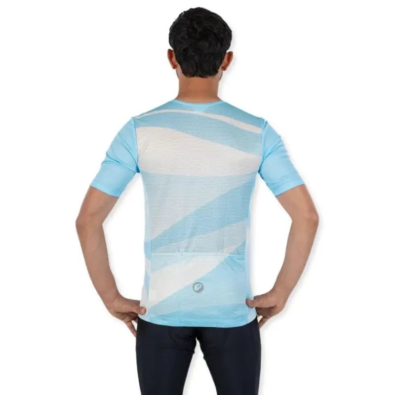Apace men's relax fit cycling jersey in blue with short sleeves and front zipper, designed for comfortable riding.
