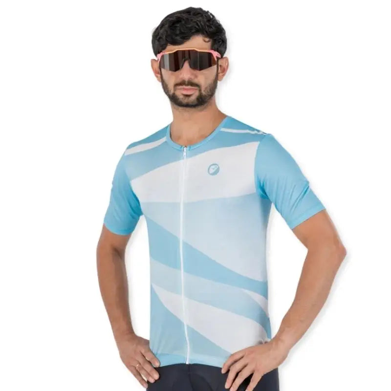 Apace men's relax fit cycling jersey in blue with short sleeves and front zipper, designed for comfort and performance.