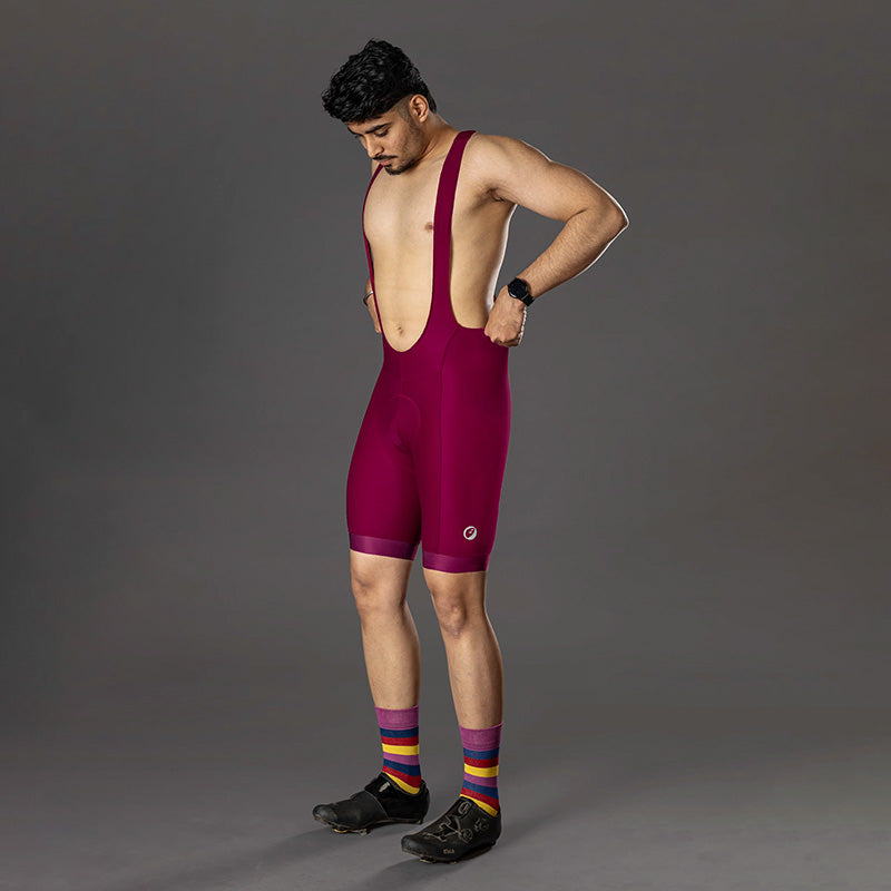 Apace Men's Special Edition Crimson racing cycle bib shorts, close-up view showing the sleek design and breathable fabric.