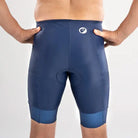 Apace men's triathlon racing cycle shorts in blue with fitted design and moisture-wicking fabric for active sports.