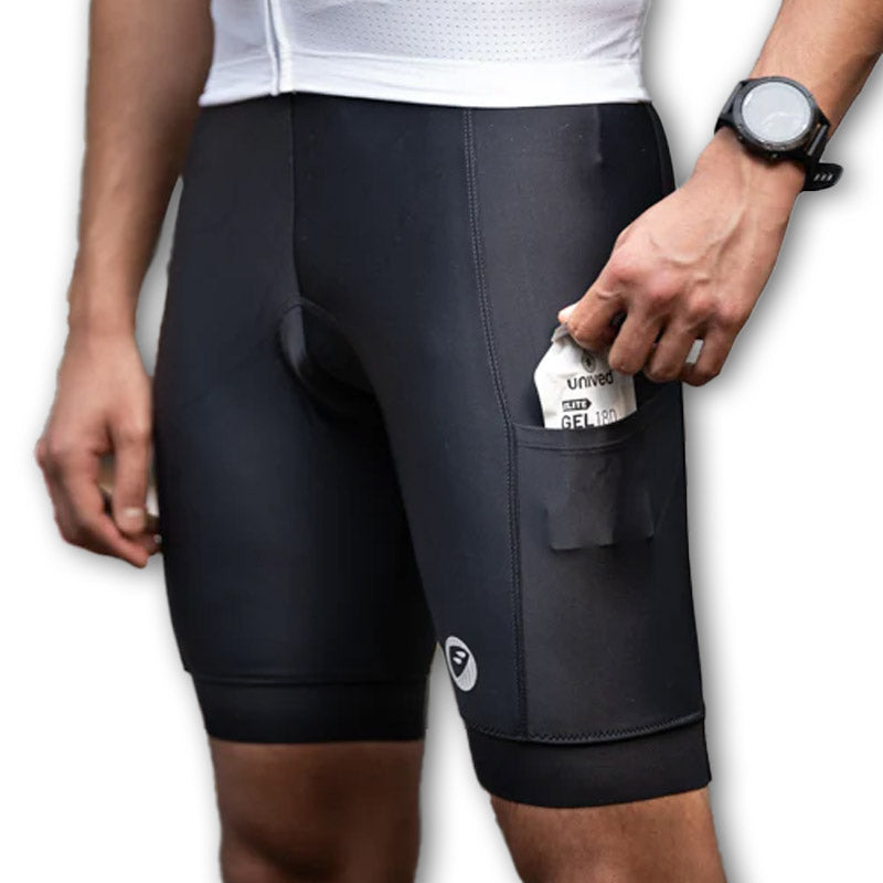 Apace Men's Verge Primo triathlon shorts in black, featuring a sleek design and comfortable fit, ideal for training and racing.