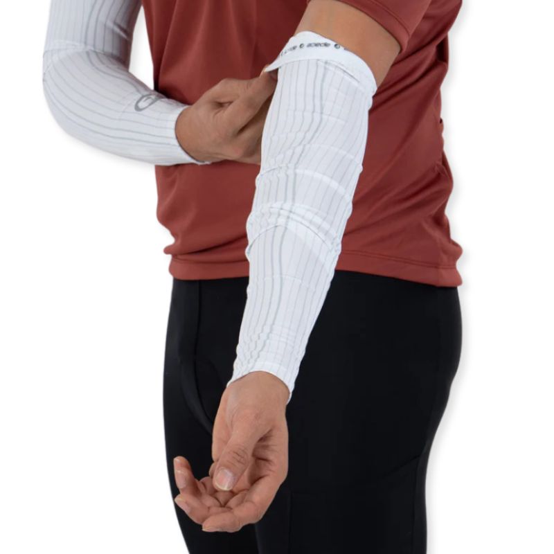 Apace unisex arm sleeves shield in white, lightweight and breathable fabric for sun protection and style.