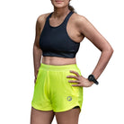 Apace women's 3-inch running shorts in lightweight fabric, shown on a model, with a focus on comfort and activewear style.