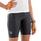 Apace Women's Cycling Endurance Bibless Shorts Evolve Prima in black, showing a close-up of the padded chamois and sleek fabric design.