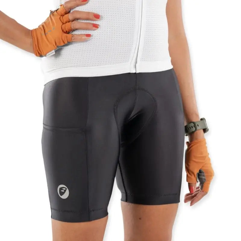 Apace Women's Cycling Endurance Bibless Shorts Evolve Prima in black, showing a close-up of the padded chamois and sleek fabric design.