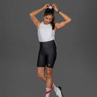 Apace Women's cycling shorts with gel padding, black, designed for comfort and performance during bike rides.