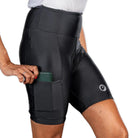 Apace women's cycling gel padded shorts in black with a close-up view of the padded seat and stretch fabric.