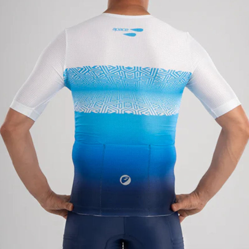 Apace women's cycling race fit jersey in white with blue accents, featuring a snug fit and breathable fabric for racing comfort.