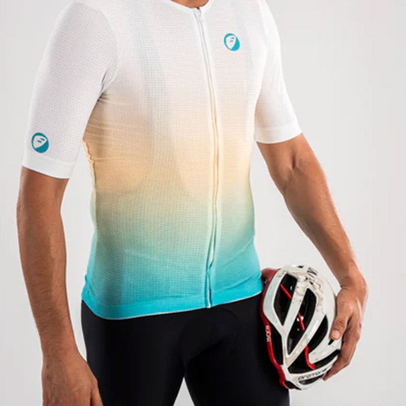 Apace Women's Cycling Race Fit Jersey in blue with short sleeves and front zipper, designed for aerodynamic riding comfort.