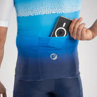 Apace Women's cycling race fit jersey in white and blue, close-up of lightweight, breathable fabric with race fit design.