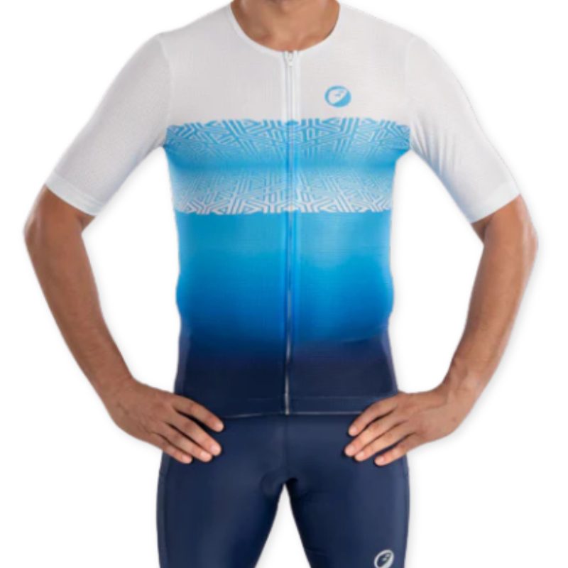 Apace women's cycling race fit jersey in white and blue, featuring a snug fit and breathable fabric for comfortable riding.