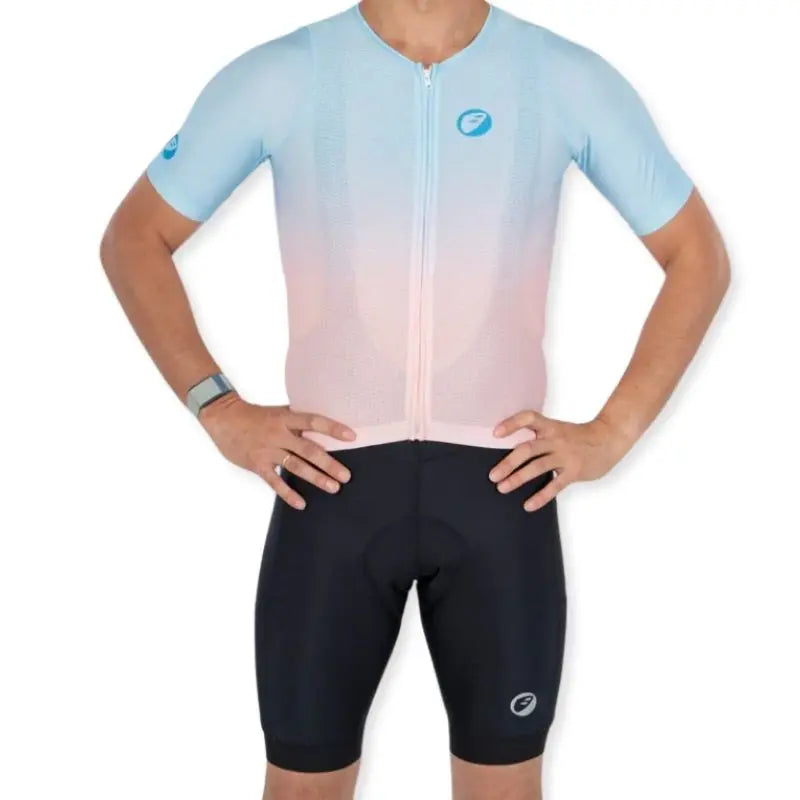 Apace Women's Elite Fit Cycling Jersey in dark blue with short sleeves and front zipper, designed for active cycling.