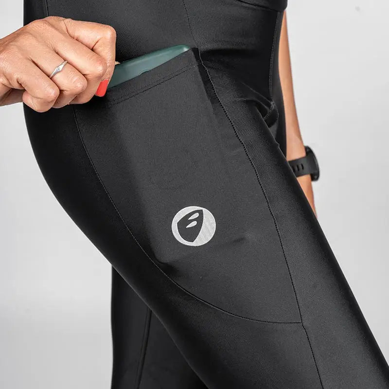 Apace Women's Gel Padded Cycling Leggings Blade 23 in black, featuring a close-up of the padded waistband and sleek fit.