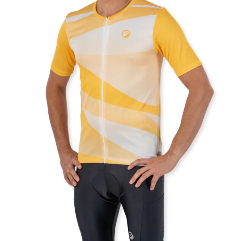 Yellow Apace women's relaxed fit cycling jersey with short sleeves and breathable fabric, designed for comfortable riding.