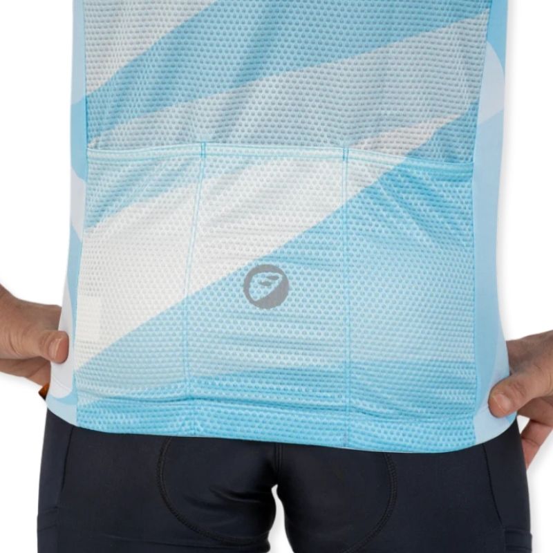 Apace women's relax fit cycling jersey in blue, featuring a comfortable fit and lightweight fabric for active cycling.