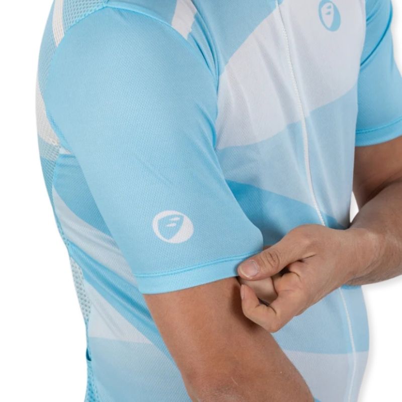 Apace women's relaxed fit cycling jersey in blue with short sleeves and a front zipper, designed for comfortable riding.