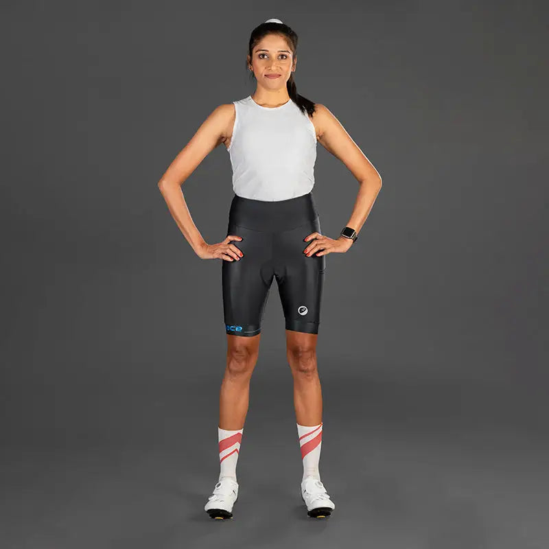 Apace Women's Verge Nuovo triathlon shorts in black, featuring a fitted design with logo waistband and breathable fabric.