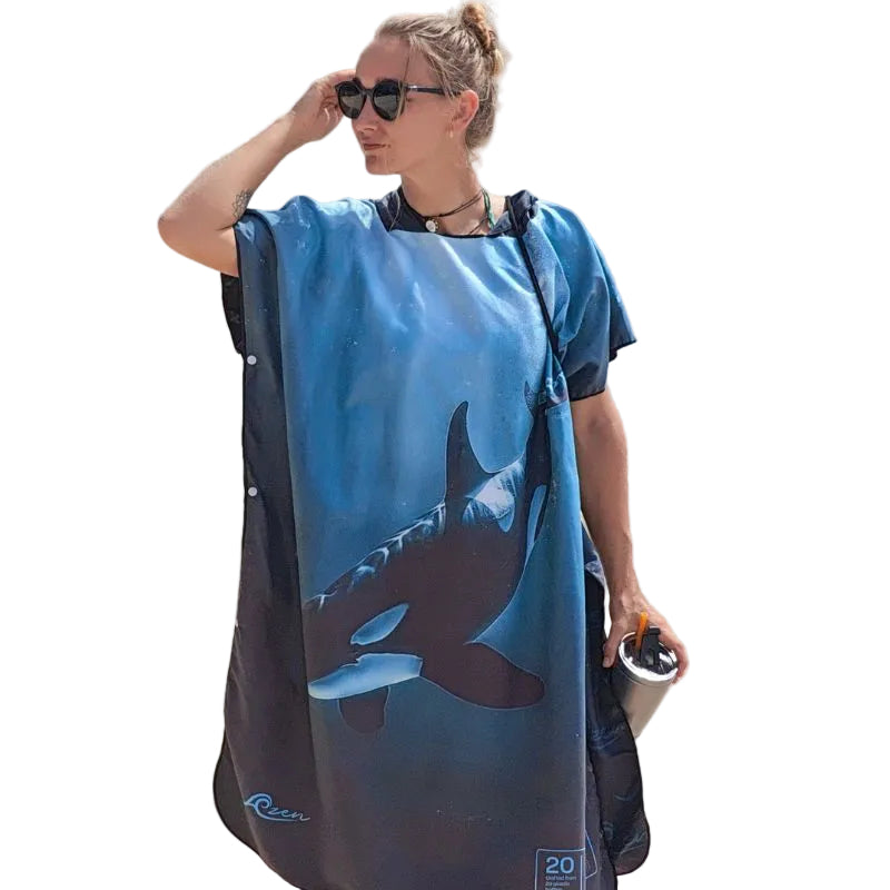 Aizen unisex lightweight microfiber hooded beach towel with blue and white striped pattern, draped on a white background.