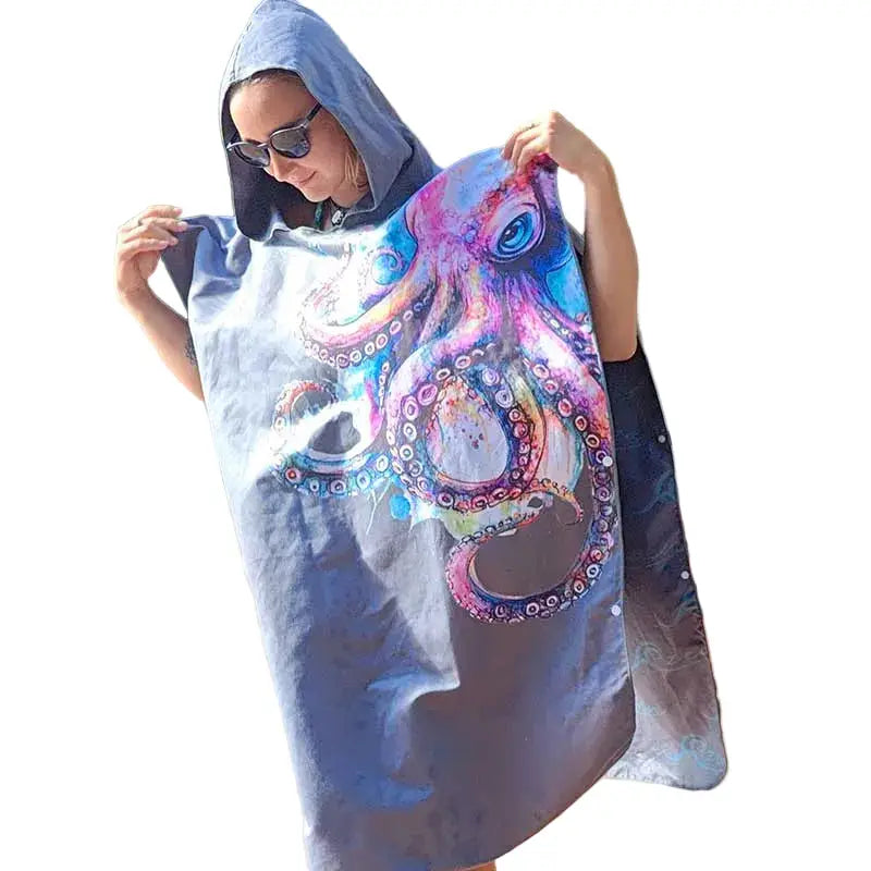 Aiden unisex lightweight microfiber hooded beach towel in blue with hood and towel fabric visible.