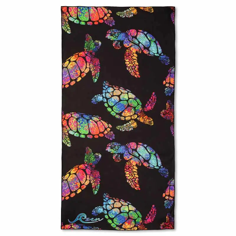 Black Azen unisex microfiber beach towel spread out, showing its lightweight and quick-drying fabric for versatile use.