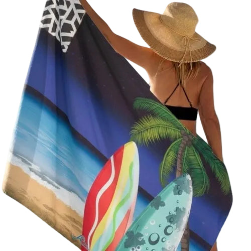 Azen unisex microfiber beach towel with colorful geometric pattern, spread flat showing its large, soft, absorbent fabric for beach use.