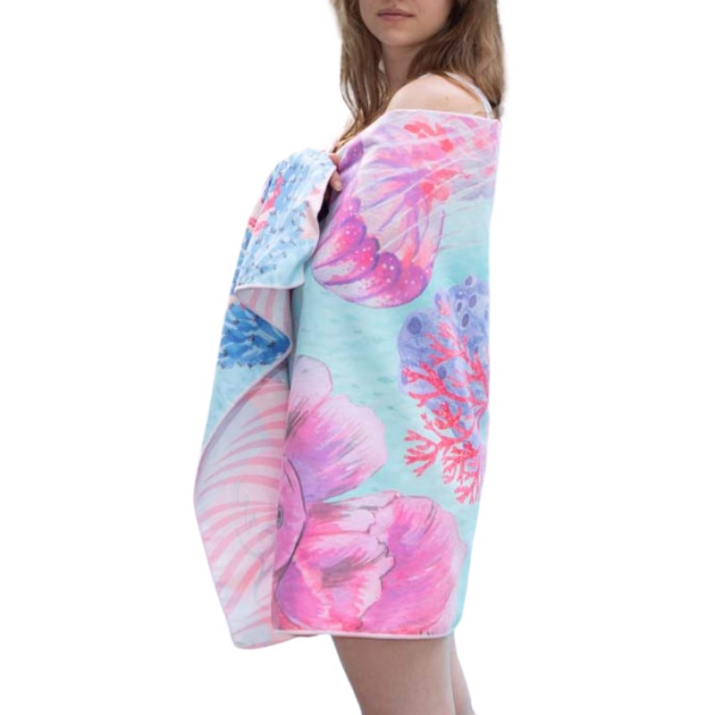 Pink Azen unisex microfiber beach towel spread out with a textured surface and vibrant color, ideal for beach or outdoor use.