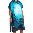 Aiden unisex microfiber hooded beach towel with gray and black geometric pattern, perfect for drying off or lounging at the beach.