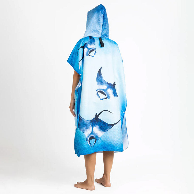 A unisex Azen microfiber hooded beach towel displayed, featuring a colorful mult-purpose design perfect for drying and lounging.