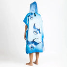 A unisex Azen microfiber hooded beach towel displayed, featuring a colorful mult-purpose design perfect for drying and lounging.