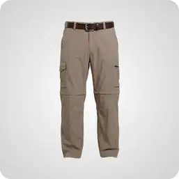 Beige cargo pants with multiple pockets and a dark brown belt.