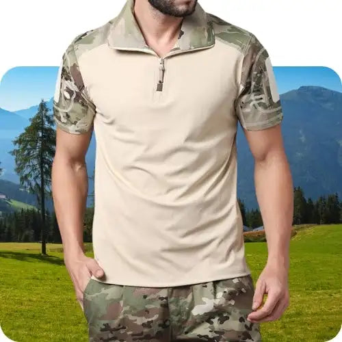 Beige and green camouflage short-sleeved polo shirt with a half-zip collar.