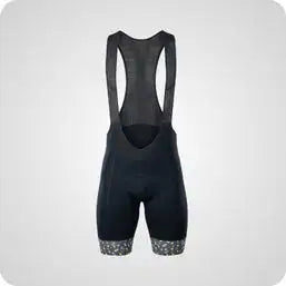 Black cycling bib shorts with mesh back panels and patterned trim at the hem.