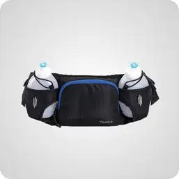 Black and blue running belt with two side pockets holding water bottles.