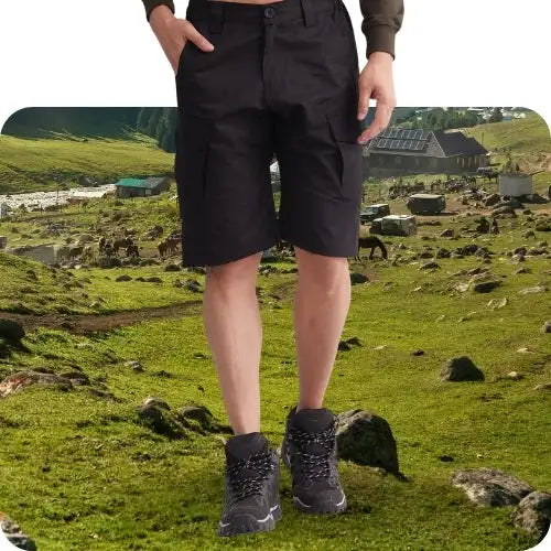 Black cargo shorts with multiple pockets and a durable fabric design.
